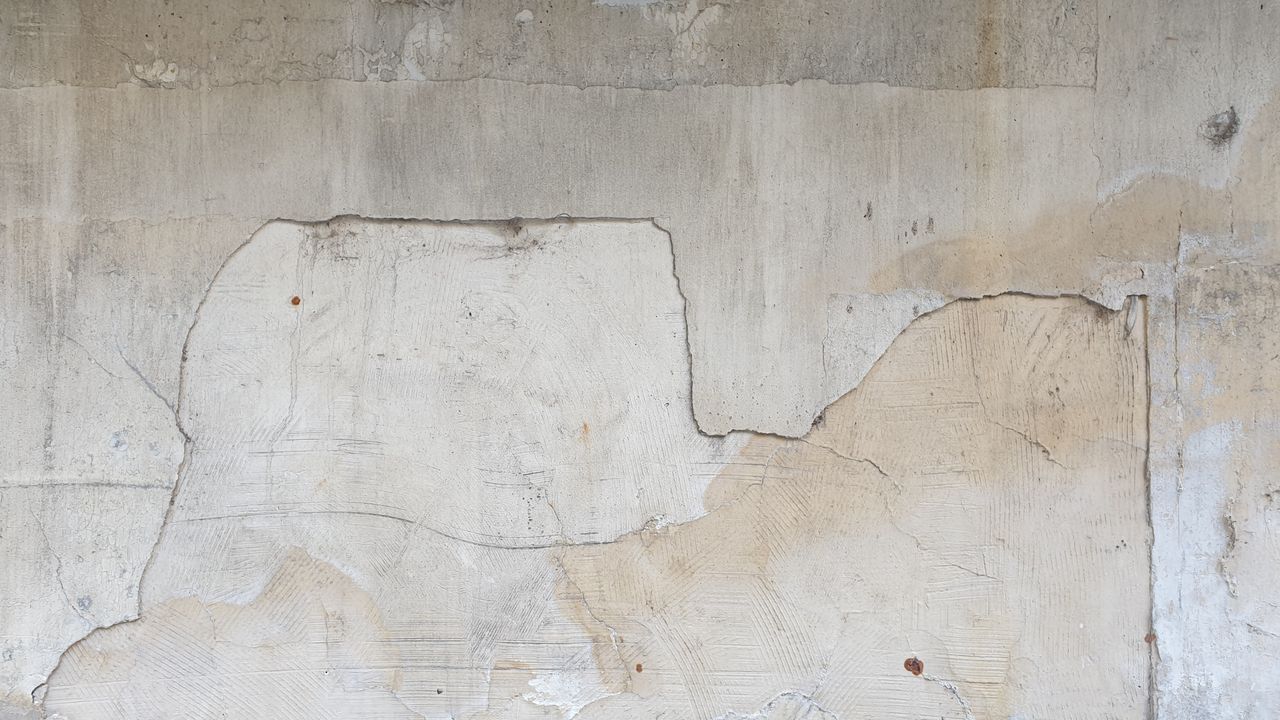Close-up of a cracked, weathered concrete wall with visible textures and patterns.